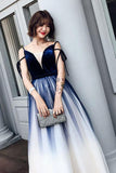 Cute Blue Ombre Long Tulle Prom Dress Unique V Neck Sleeveless Dance Dresses JS906