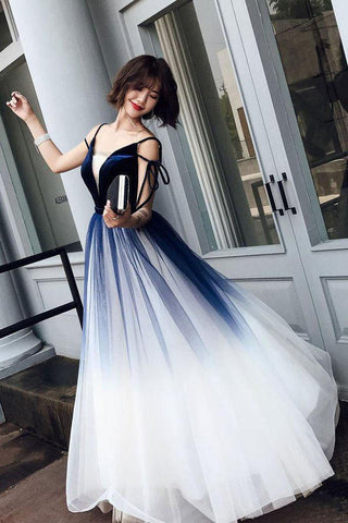 Cute Blue Ombre Long Tulle Prom Dress Unique V Neck Sleeveless Dance Dresses JS906