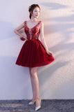 Cute Burgundy Tulle Above Knee Tulle Homecoming Dresses Lace up Belt Graduation Dress JS820