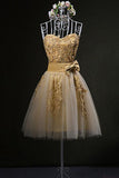Cute Gold Strapless Mini Homecoming Dresses with Appliques Sweetheart Cocktail Dress JS941