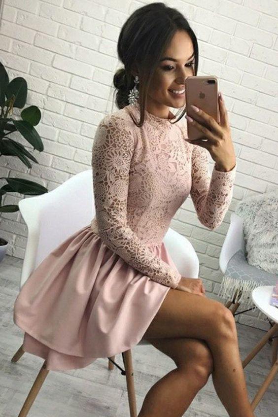 Cute Jewel Long Sleeve Short Pink Homecoming Dress with Lace Bodice Short Dress JS856