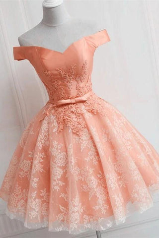 Cute Lace Appliques Satin V Neck Off the Shoulder Homecoming Dresses H1232