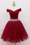 Cute Off the Shoulder Burgundy Homecoming Dresses with Tulle Short Cocktail Dresses H1088