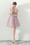 Cute Off the Shoulder Short Sleeve Tulle Above Knee Homecoming Dresses JS821