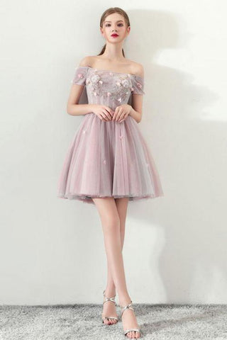 Cute Off the Shoulder Short Sleeve Tulle Above Knee Homecoming Dresses JS821