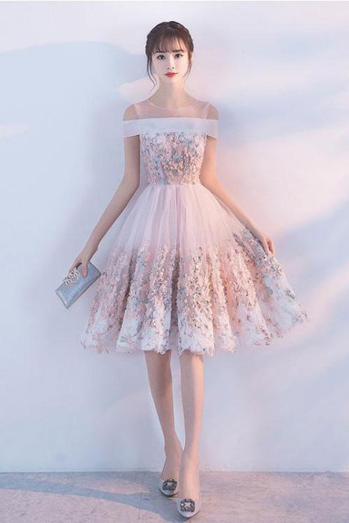 Cute Princess Pink Lace Flowers Knee Length Homecoming Dresses Short Prom Dresses H1003