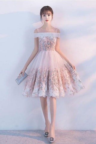 Cute Princess Pink Lace Flowers Knee Length Homecoming Dresses Short Prom Dresses H1003