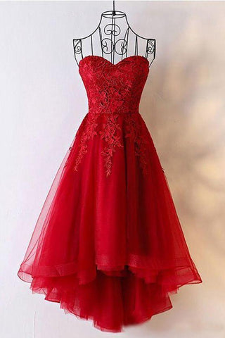Cute Red Tulle Sweetheart Strapless Homecoming Dresses with Lace Short Prom Dresses JS834