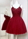 Cute Spaghetti Straps Burgundy Tulle Short Prom Dress with Lace Homecoming Dresses JS859