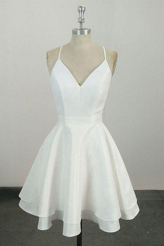 Cute Spaghetti Straps White V Neck Knee Length Short Prom Dress Homecoming Dress H1011