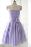 Cute Strapless Flower Lavender Chiffon Short Bridesmaid Dresses with Bow Prom Dresses JS962