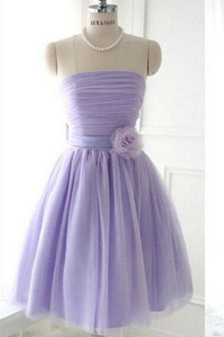 Cute Strapless Flower Lavender Chiffon Short Bridesmaid Dresses with Bow Prom Dresses JS962