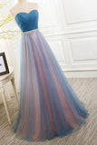 Elegant Tulle Long Vintage Sleeveless Sweetheart Strapless Blue Lace-up Prom Dresses JS778
