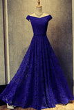 Simple Royal Blue A-Line Lace Off-the-Shoulder Lace up Hollow Prom Dresses UK JS453