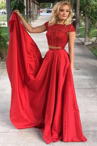 Elegant Red Two Pieces Beads Cap Sleeves Satin Evening Dresses Prom Dresses JS323