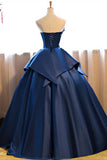 Dark Blue Ball Gown Satin Strapless Lace up Appliques Long Prom Quinceanera Dress JS602