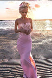 Sexy Mermaid Sweetheart Pink Strapless Satin Sleeveless Prom Dress with Applique Split JS804
