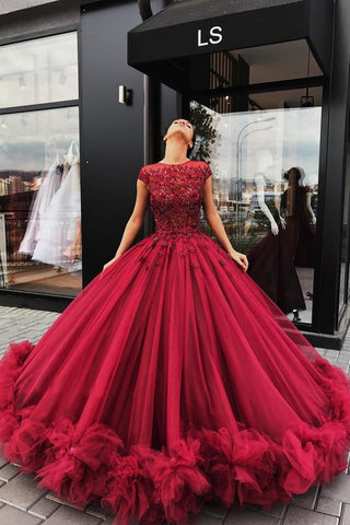 Red Tulle Appliques Ball Gown Round Neck Prom Dress Sweet 16 Dresses Quinceanera Dresses JS464