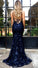 Mermaid Deep V Neck Royal Blue Lace Appliques Backless Spaghetti Straps Prom Dresses JS893
