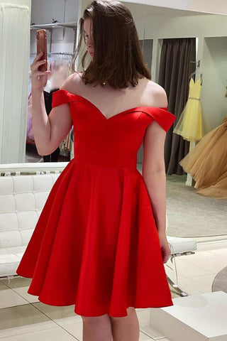 Red Off The Shoulder A Line Satin Homecoming Dresses