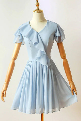 Blue A-line Chiffon Short Prom Dresses, Homecoming Dresses