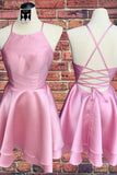 Candy Pink Spaghetti Straps Sleeveless Stain Short Prom Dresses, Homecoming Dresses