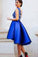 A-line V-neck Satin Backless Lace Royal Blue Homecoming Dresses JS456