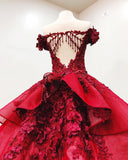 Chic Ball Gown V Neck Beads Appliques Red Off-the-Shoulder Long Prom Dresses JS139