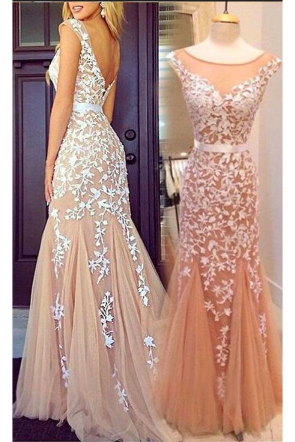 Cap Sleeves Mermaid Round Neckline Appliques Tulle Backless Lace Prom Dresses UK JS426