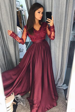 Charming Burgundy Satin Long Sleeves A-line Lace Long Prom Dresses Evening Dresses UK JS557