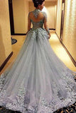 High Neck A-line Long Sleeve Tulle Appliques Sweep Train Long Prom Dresses JS416