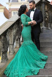 Sexy Green Mermaid V Neck Tulle Applique 3/4 Sleeves Sweep Train Plus Size Prom Dresses JS163