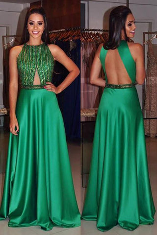 A-Line High Neck Sleeveless Green Open Back Satin with Beading Prom Dresses JS394