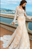 2024 White Lace Mermaid Deep V-Neck Backless Long Sleeve Wedding Dresses JS835