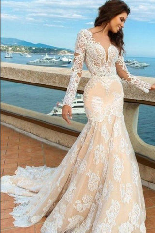2024 White Lace Mermaid Deep V-Neck Backless Long Sleeve Wedding Dresses JS835