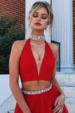 A Line Red Two Pieces V Neck Beads High Neck Slit Tulle Long Prom Dresses JS57