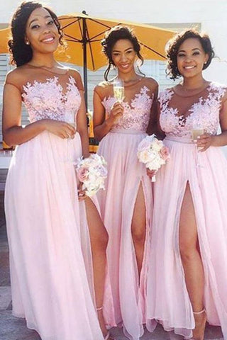 A-Line Pink Princess High Slit Scoop Sleeveless Lace Applique Chiffon Bridesmaid Dresses JS316