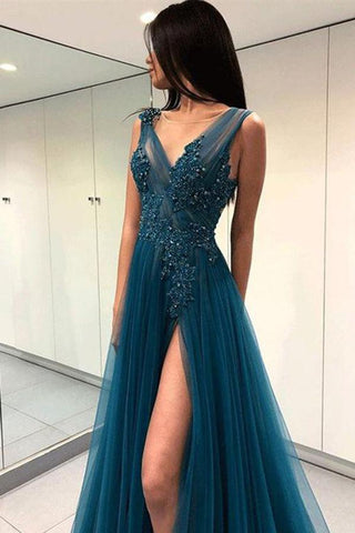A Line Green V Neck Tulle Open Back Lace Beads Sleeveless Evening Prom Dresses JS769