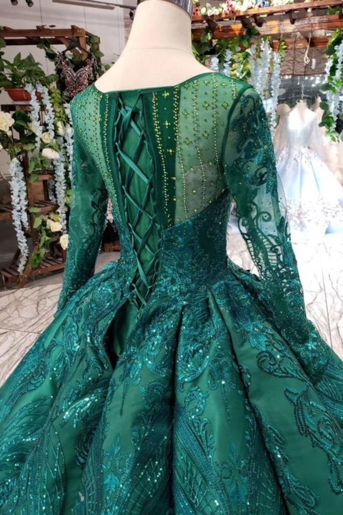 Dark Green Long Sleeves Ball Gown Prom Dress with Beads Lace up Quinceanera Dresses JS972