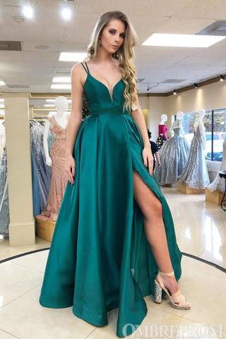 Dark Green Satin V Neck Spaghetti Straps Prom Dresses with Appliques