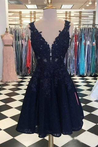 Dark Navy Lace Homecoming Dresses V Neck Appliqued Cheap Short Prom Dresses JS948