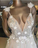 Deep V Neck Beads Straps Tulle Appliques A-line Beach Wedding Dress