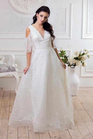 Deep V Neck Drop Sleeves Lace Wedding Dresses White Long Wedding Gowns JS505