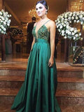 Deep V Neck Spaghetti Straps Green Beaded Prom Dresses Long Evening Dresses JS625