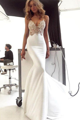 Deep V Neck Spaghetti Straps Ivory Backless Mermaid Prom Dress Wedding Dress
