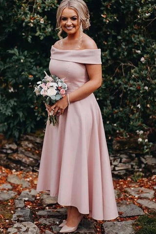 Dusty Pink Off the Shoulder High Low Ankle Length Satin Bridesmaid Dresses