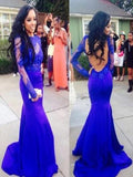 Sexy Mermaid High Neck Royal Blue Long Sleeve Open Back Lace Prom Dresses JS09