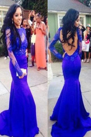Buy Sexy Mermaid High Neck Royal Blue Long Sleeve Open Back Lace Prom ...