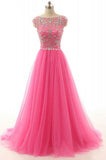 A-line Round Neck Beading Tulle Long Prom Dresses Evening Dresses JS554