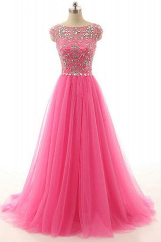 A-line Round Neck Beading Tulle Long Prom Dresses Evening Dresses JS554